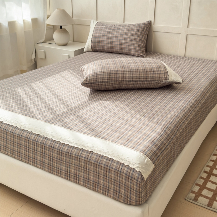 91家纺网 家纺一手货源 找家纺 富阿娜家纺 2026年新款小布袋简约复古花边床笠三件套 浅棕软格