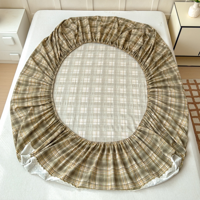 91家纺网 家纺一手货源 找家纺 富阿娜家纺 2026年新款小布袋简约复古花边床笠三件套 茶褐织格