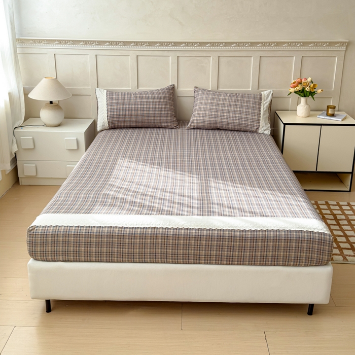 91家纺网 家纺一手货源 找家纺 富阿娜家纺 2026年新款小布袋简约复古花边床笠三件套 浅棕软格