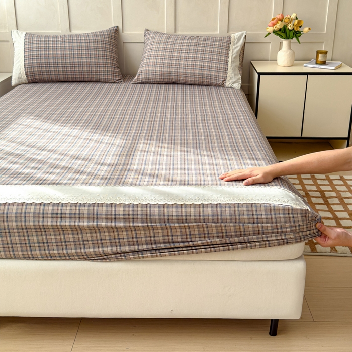 91家纺网 家纺一手货源 找家纺 富阿娜家纺 2026年新款小布袋简约复古花边床笠三件套 浅棕软格