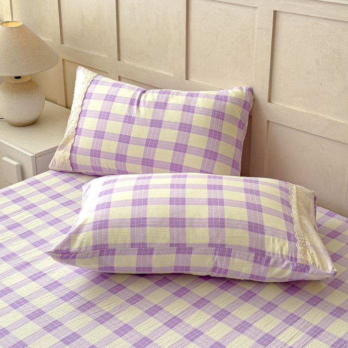 91家纺网 家纺一手货源 找家纺 富阿娜家纺 2026年新款小布袋简约复古花边床笠三件套 浅紫奶酪