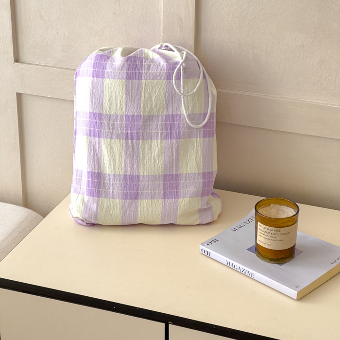 91家纺网 家纺一手货源 找家纺 富阿娜家纺 2026年新款小布袋简约复古花边床笠三件套 浅紫奶酪