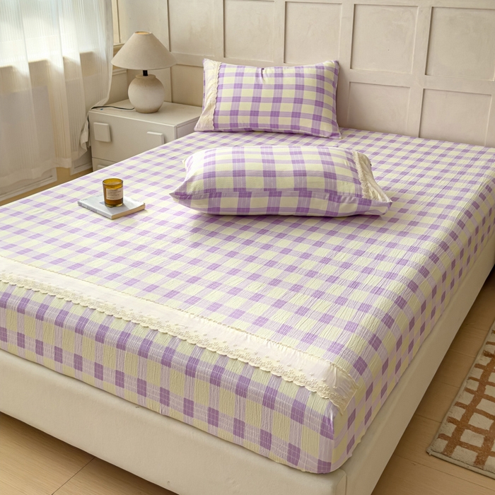 91家纺网 家纺一手货源 找家纺 富阿娜家纺 2026年新款小布袋简约复古花边床笠三件套 浅紫奶酪