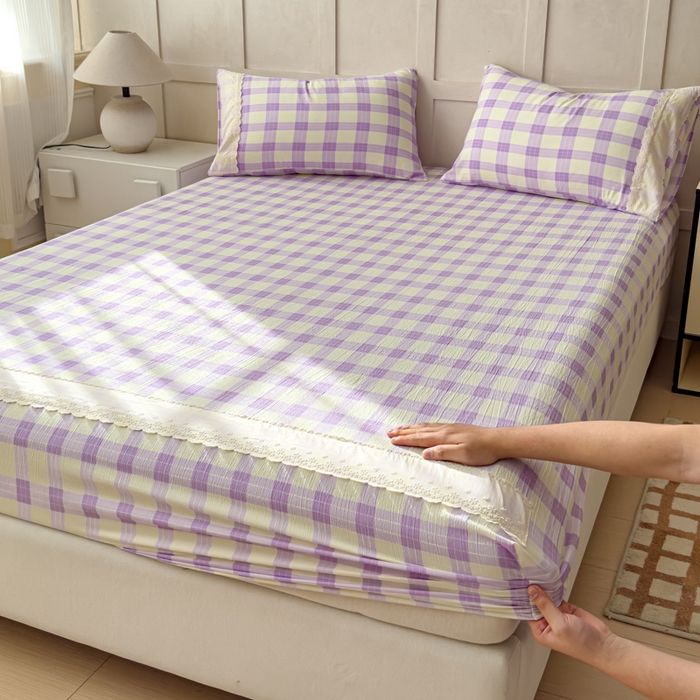 91家纺网 家纺一手货源 找家纺 富阿娜家纺 2026年新款小布袋简约复古花边床笠三件套 浅紫奶酪