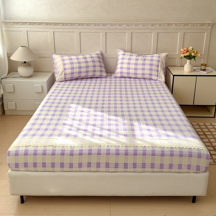 91家纺网 家纺一手货源 找家纺 富阿娜家纺 2026年新款小布袋简约复古花边床笠三件套 浅紫奶酪