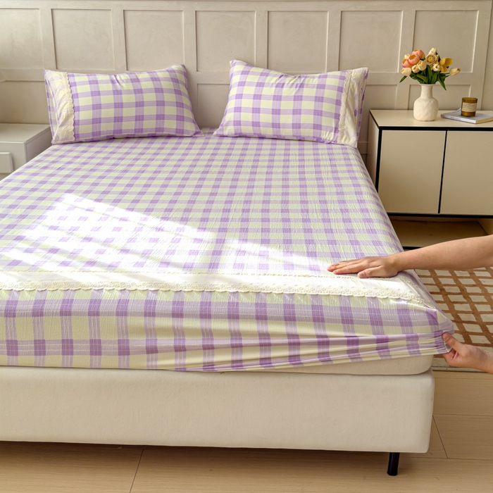 91家纺网 家纺一手货源 找家纺 富阿娜家纺 2026年新款小布袋简约复古花边床笠三件套 浅紫奶酪