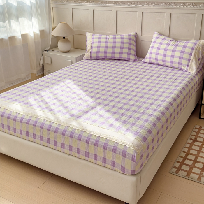 91家纺网 家纺一手货源 找家纺 富阿娜家纺 2026年新款小布袋简约复古花边床笠三件套 浅紫奶酪