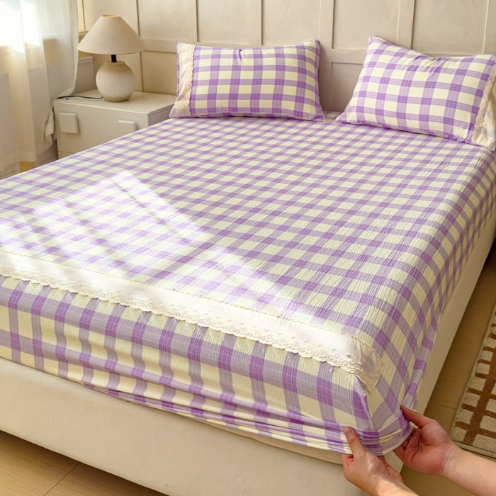 91家纺网 家纺一手货源 找家纺 富阿娜家纺 2026年新款小布袋简约复古花边床笠三件套 浅紫奶酪