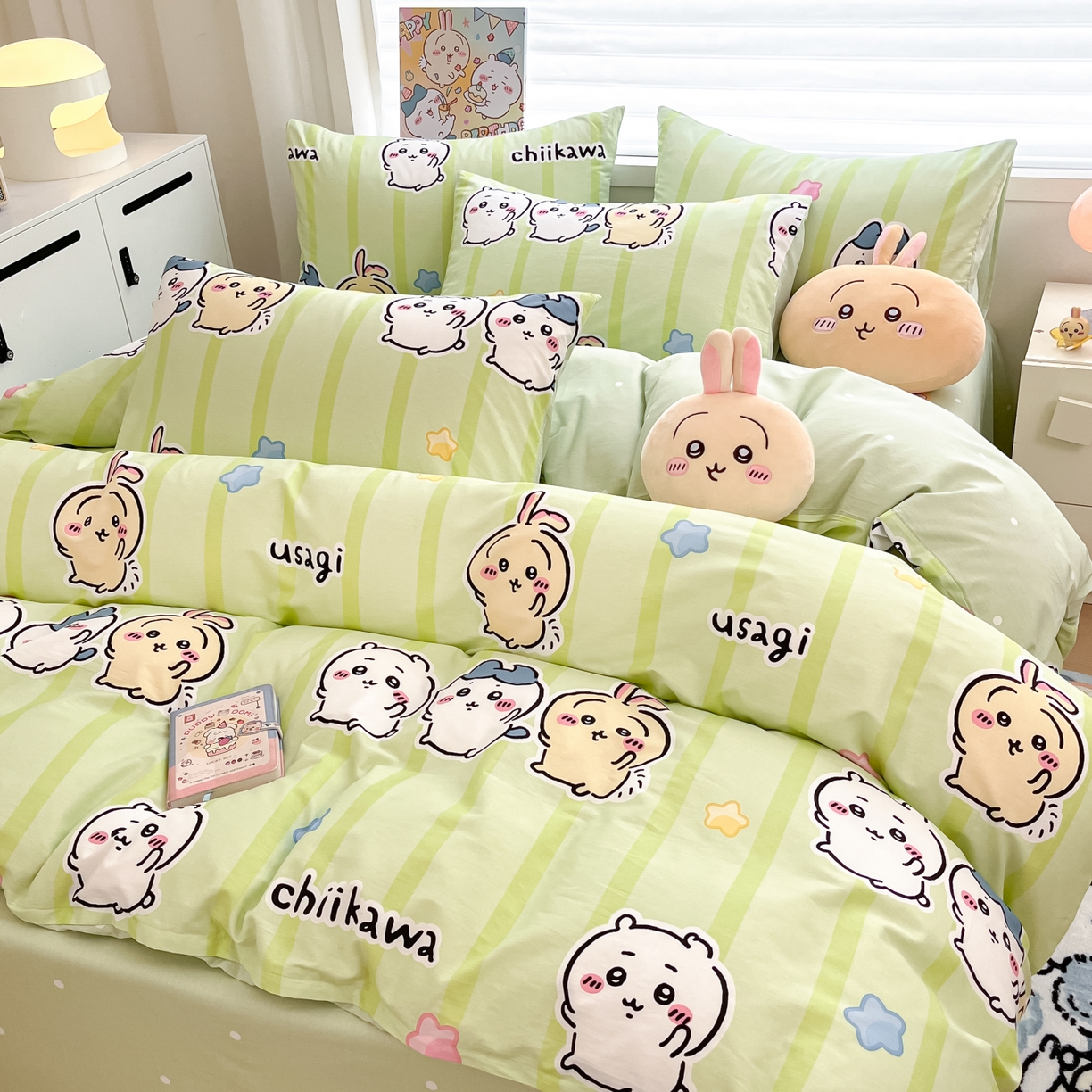 91家纺网 家纺一手货源 找家纺 暮思家居 2026新款正版授权吉伊卡哇全棉纯棉四件套 绿条纹吉伊卡哇