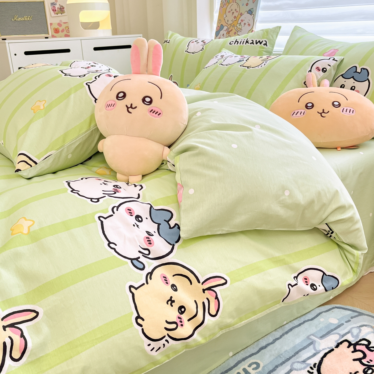 91家纺网 家纺一手货源 找家纺 暮思家居 2026新款正版授权吉伊卡哇全棉纯棉四件套 绿条纹吉伊卡哇