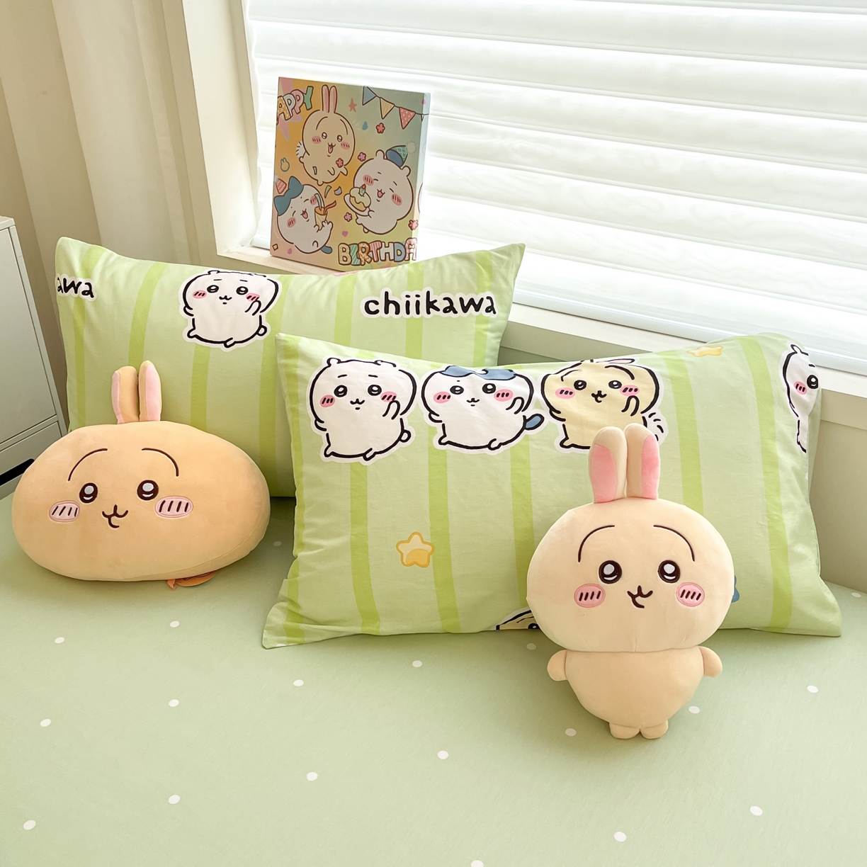 91家纺网 家纺一手货源 找家纺 暮思家居 2026新款正版授权吉伊卡哇全棉纯棉四件套 绿条纹吉伊卡哇