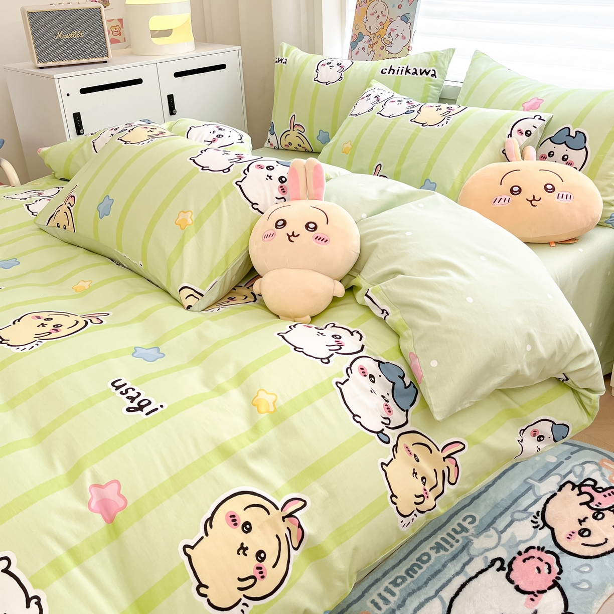 91家纺网 家纺一手货源 找家纺 暮思家居 2026新款正版授权吉伊卡哇全棉纯棉四件套 绿条纹吉伊卡哇