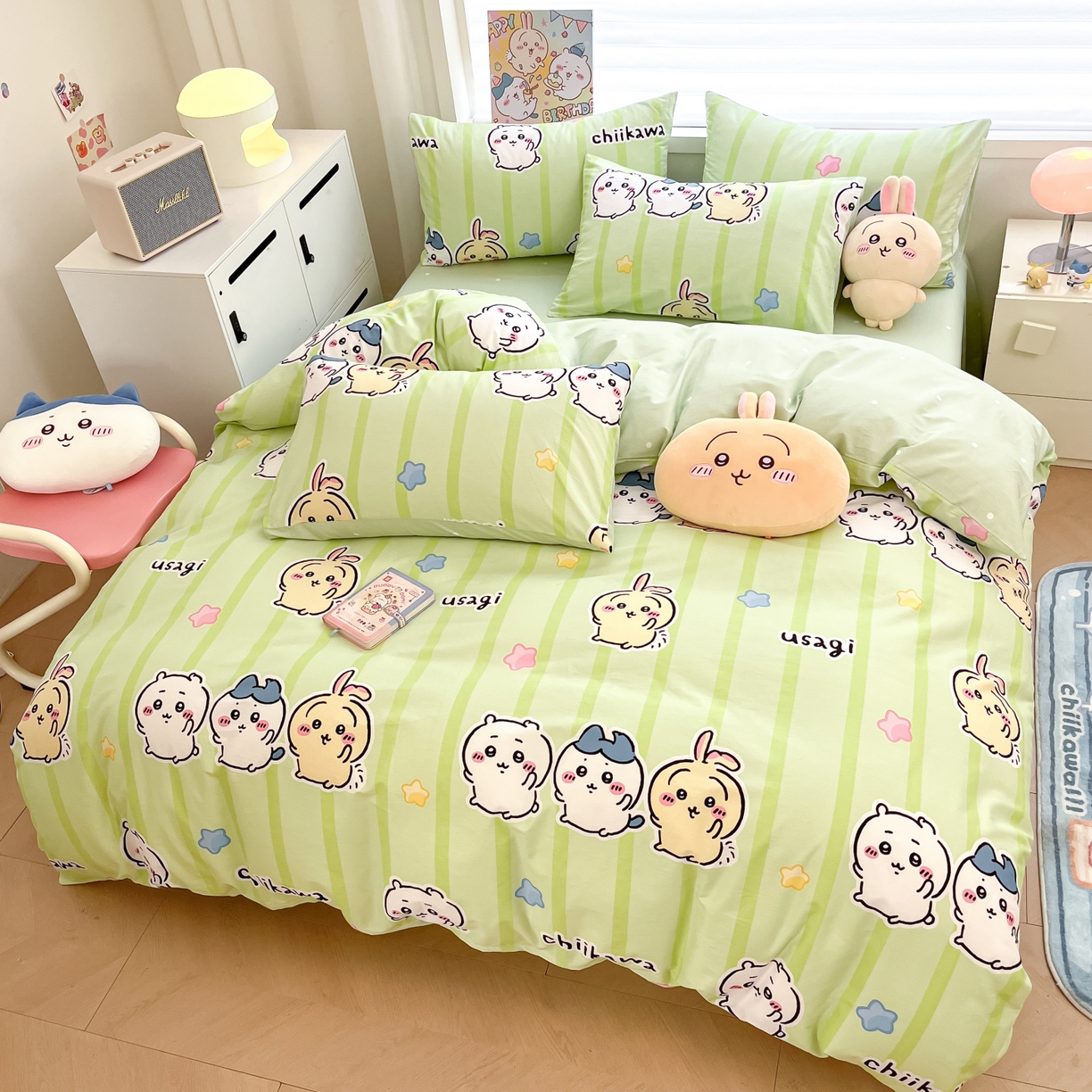 91家纺网 家纺一手货源 找家纺 暮思家居 2026新款正版授权吉伊卡哇全棉纯棉四件套 绿条纹吉伊卡哇