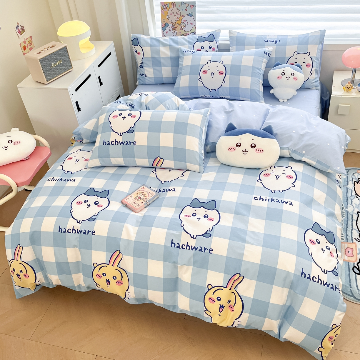 91家纺网 家纺一手货源 找家纺 暮思家居 2026新款正版授权吉伊卡哇全棉纯棉四件套 格子吉伊卡哇