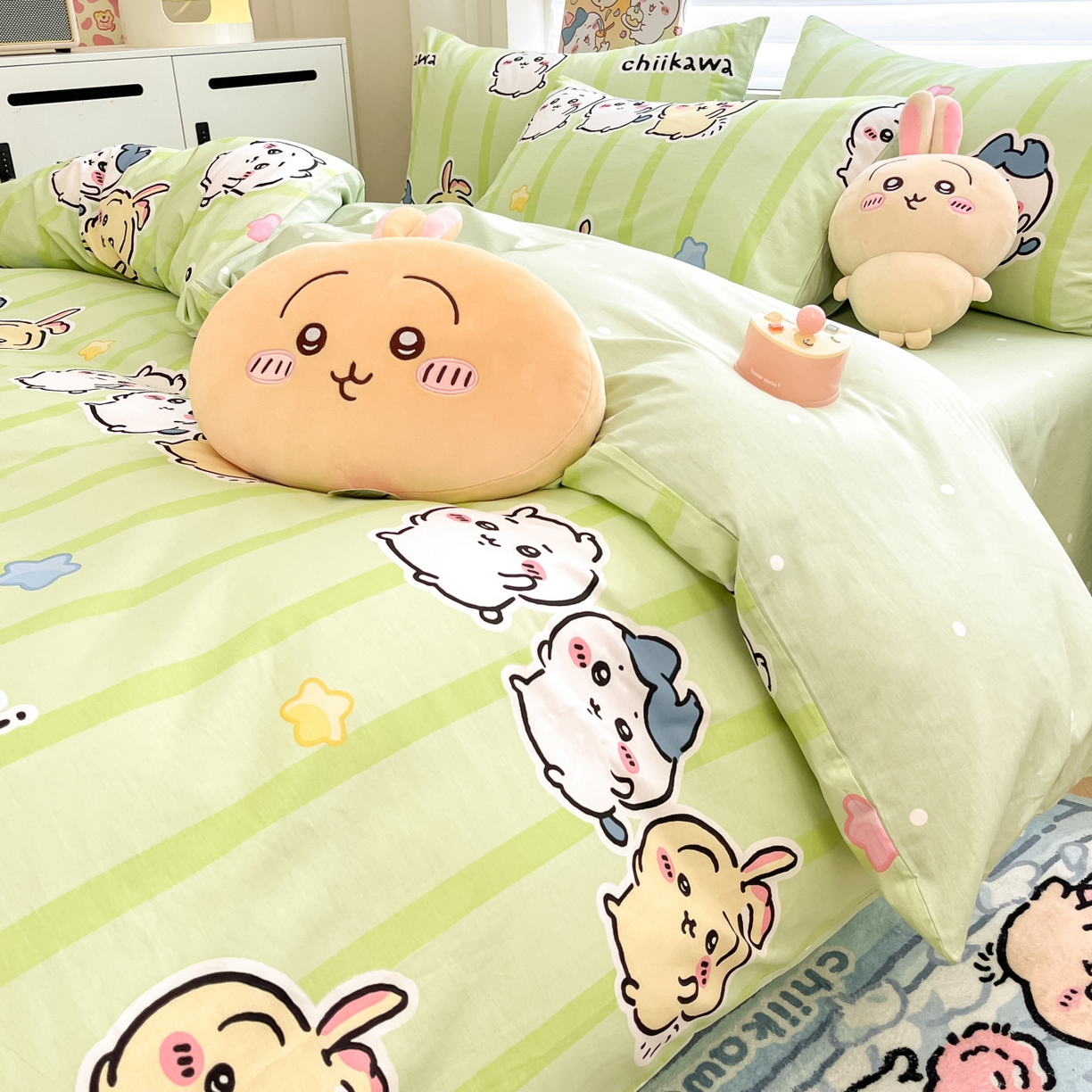 91家纺网 家纺一手货源 找家纺 暮思家居 2026新款正版授权吉伊卡哇全棉纯棉四件套 绿条纹吉伊卡哇