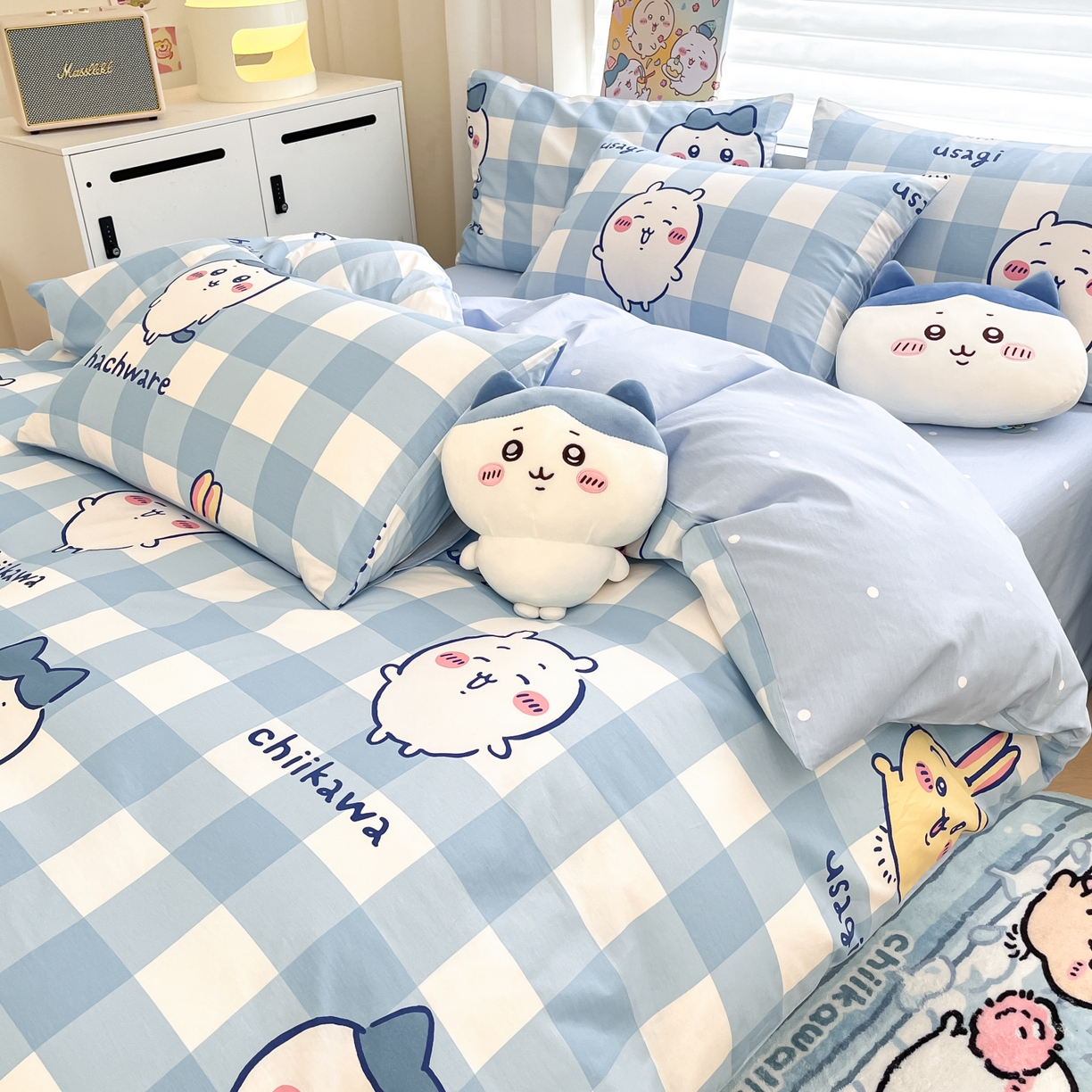 91家纺网 家纺一手货源 找家纺 暮思家居 2026新款正版授权吉伊卡哇全棉纯棉四件套 格子吉伊卡哇