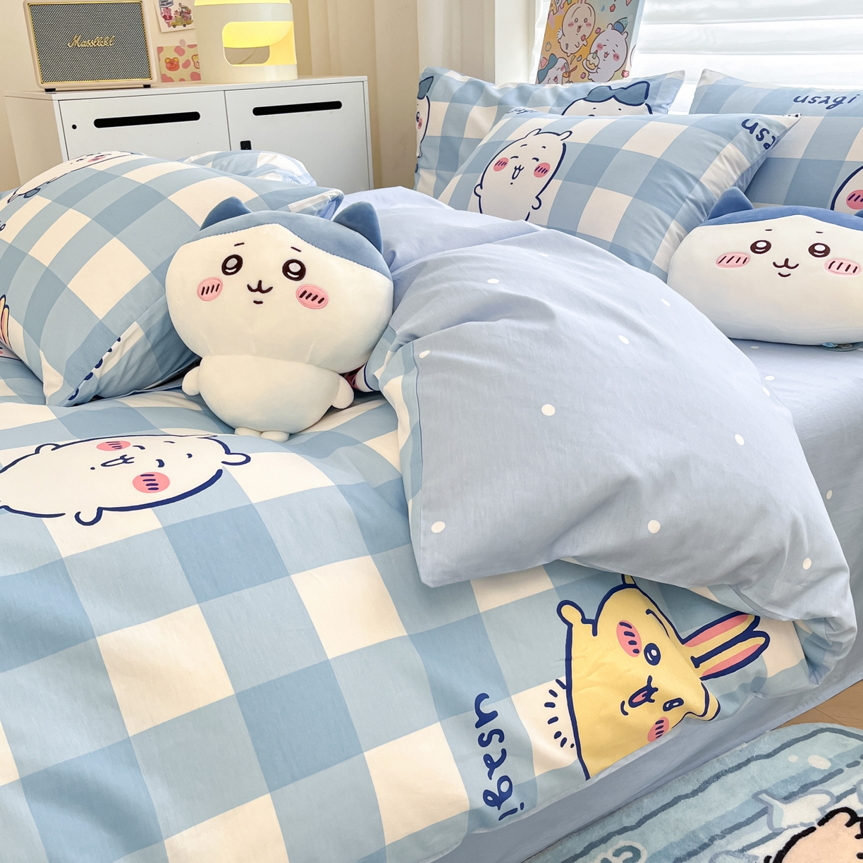 91家纺网 家纺一手货源 找家纺 暮思家居 2026新款正版授权吉伊卡哇全棉纯棉四件套 格子吉伊卡哇