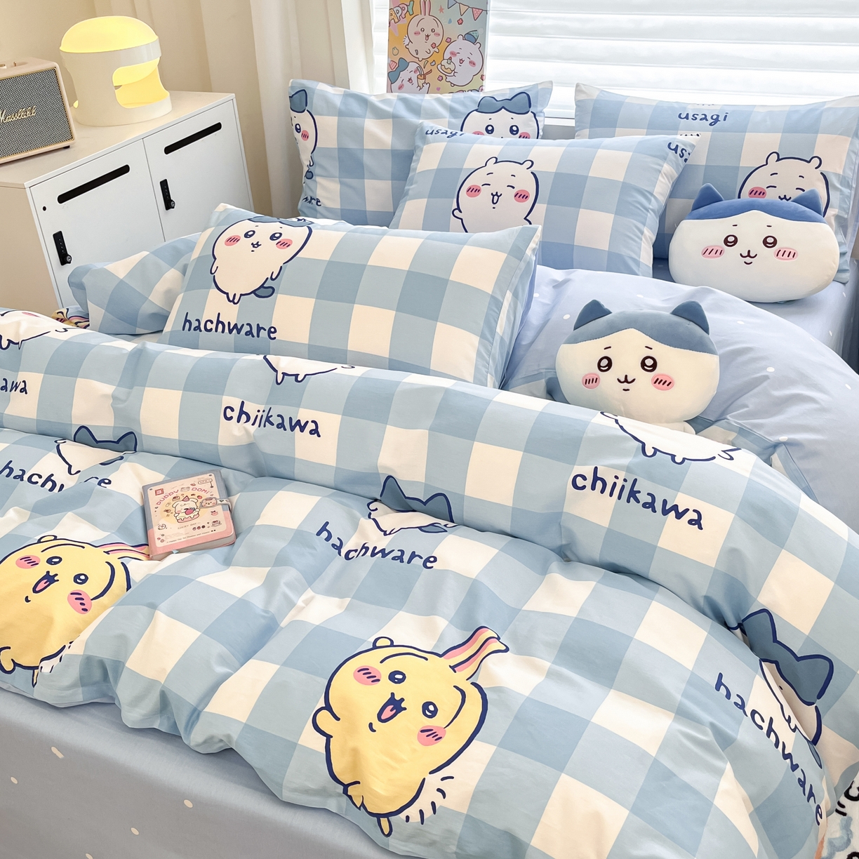 91家纺网 家纺一手货源 找家纺 暮思家居 2026新款正版授权吉伊卡哇全棉纯棉四件套 格子吉伊卡哇