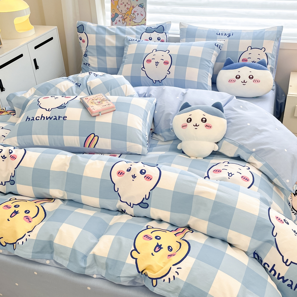 91家纺网 家纺一手货源 找家纺 暮思家居 2026新款正版授权吉伊卡哇全棉纯棉四件套 格子吉伊卡哇