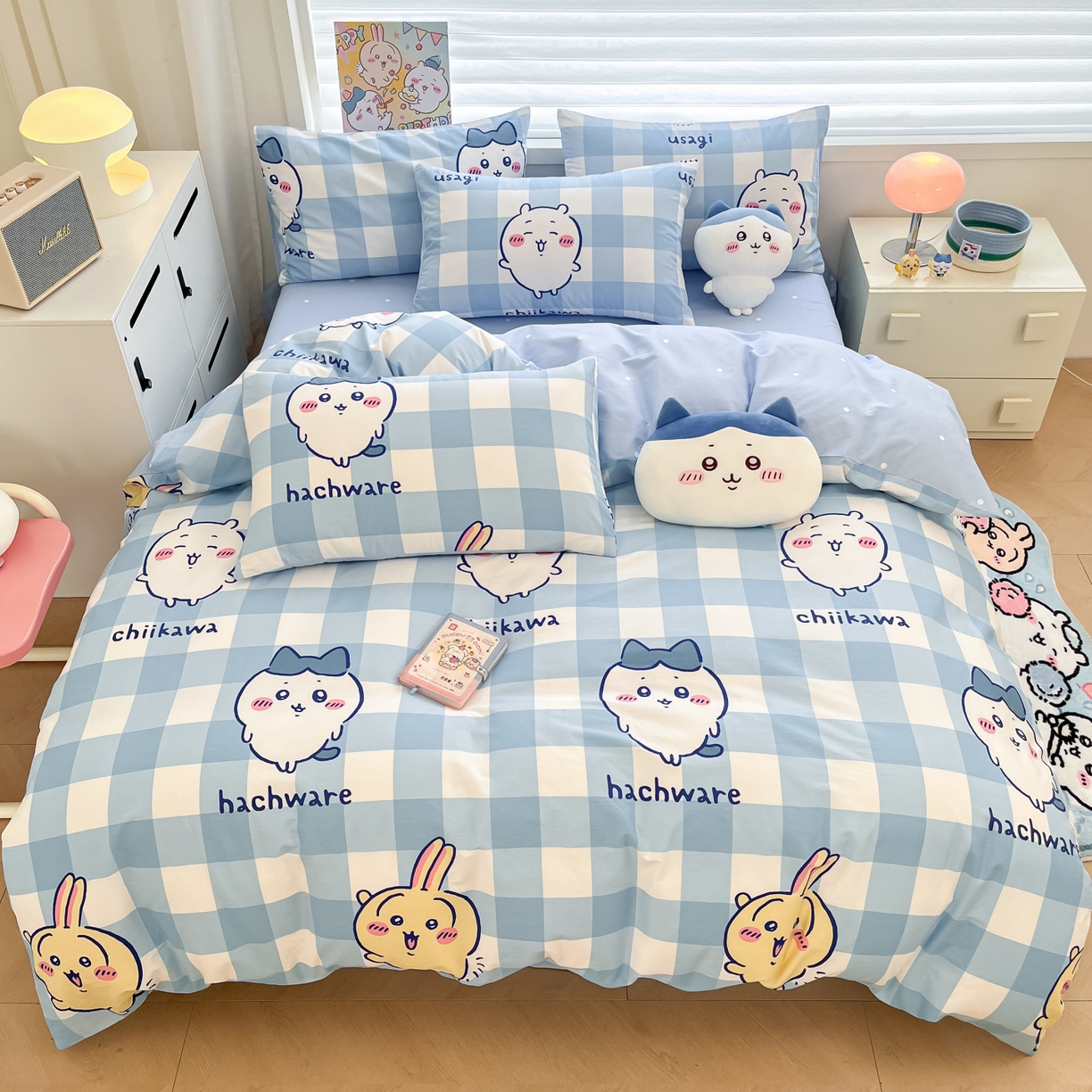 91家纺网 家纺一手货源 找家纺 暮思家居 2026新款正版授权吉伊卡哇全棉纯棉四件套 格子吉伊卡哇