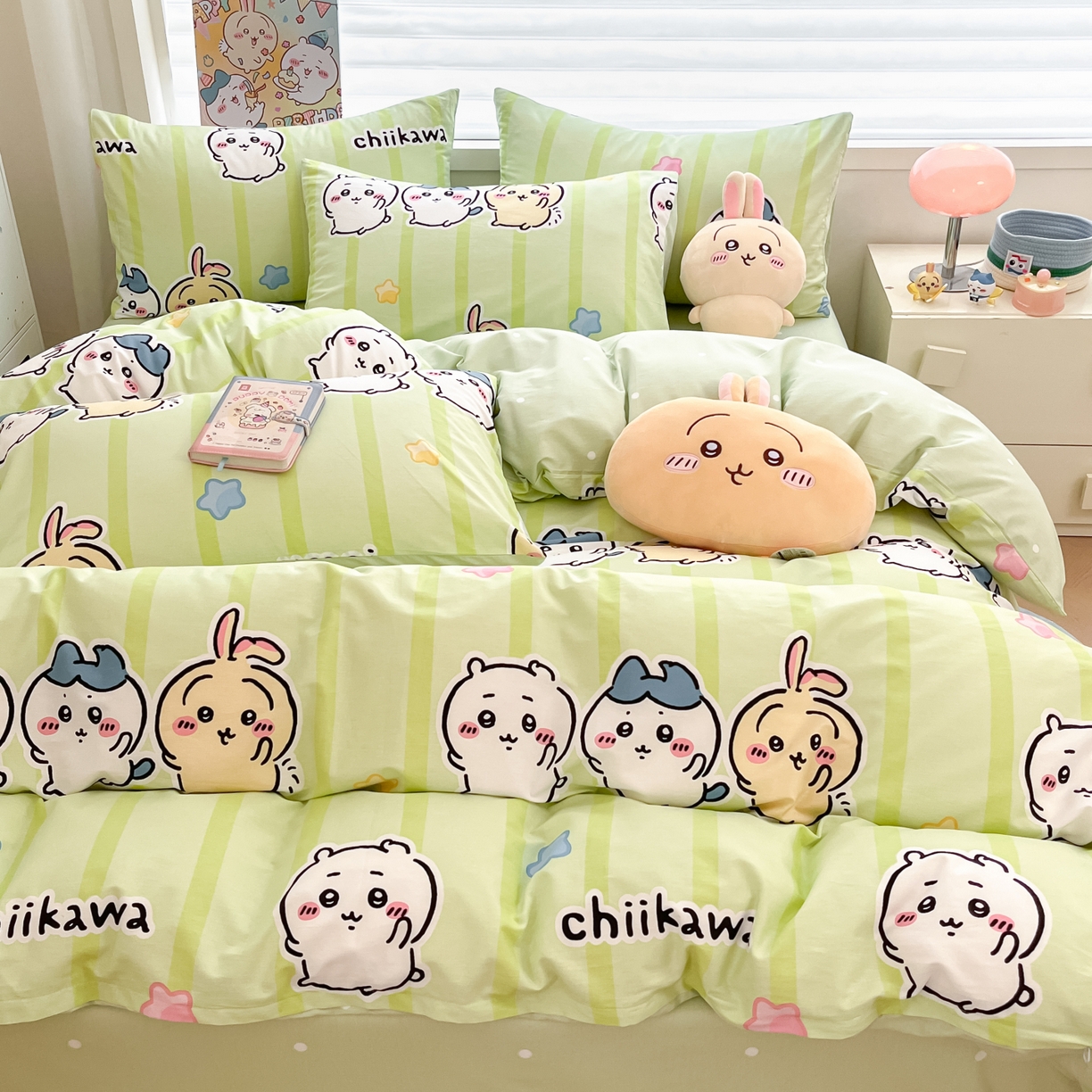 91家纺网 家纺一手货源 找家纺 暮思家居 2026新款正版授权吉伊卡哇全棉纯棉四件套 绿条纹吉伊卡哇