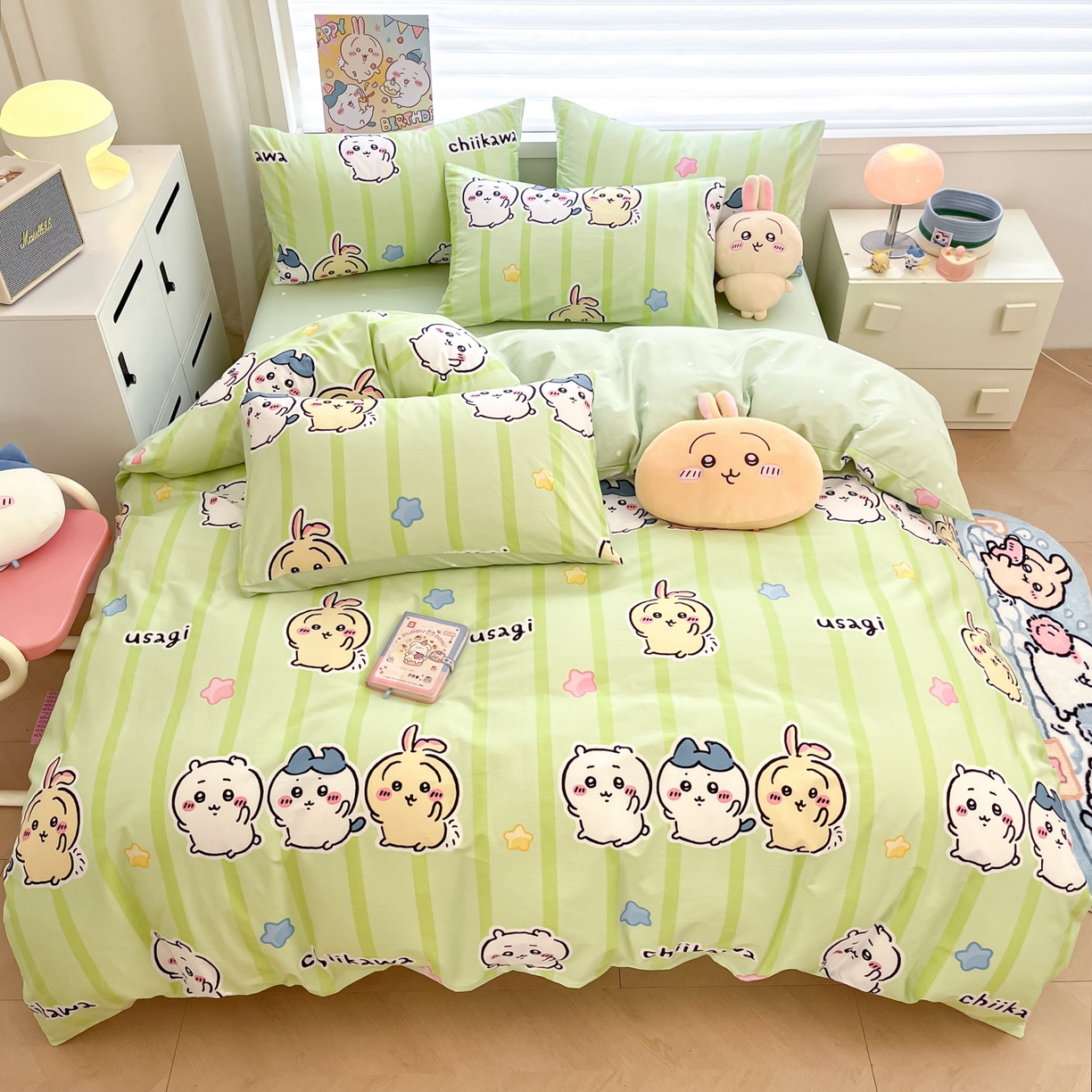 91家纺网 家纺一手货源 找家纺 暮思家居 2026新款正版授权吉伊卡哇全棉纯棉四件套 绿条纹吉伊卡哇