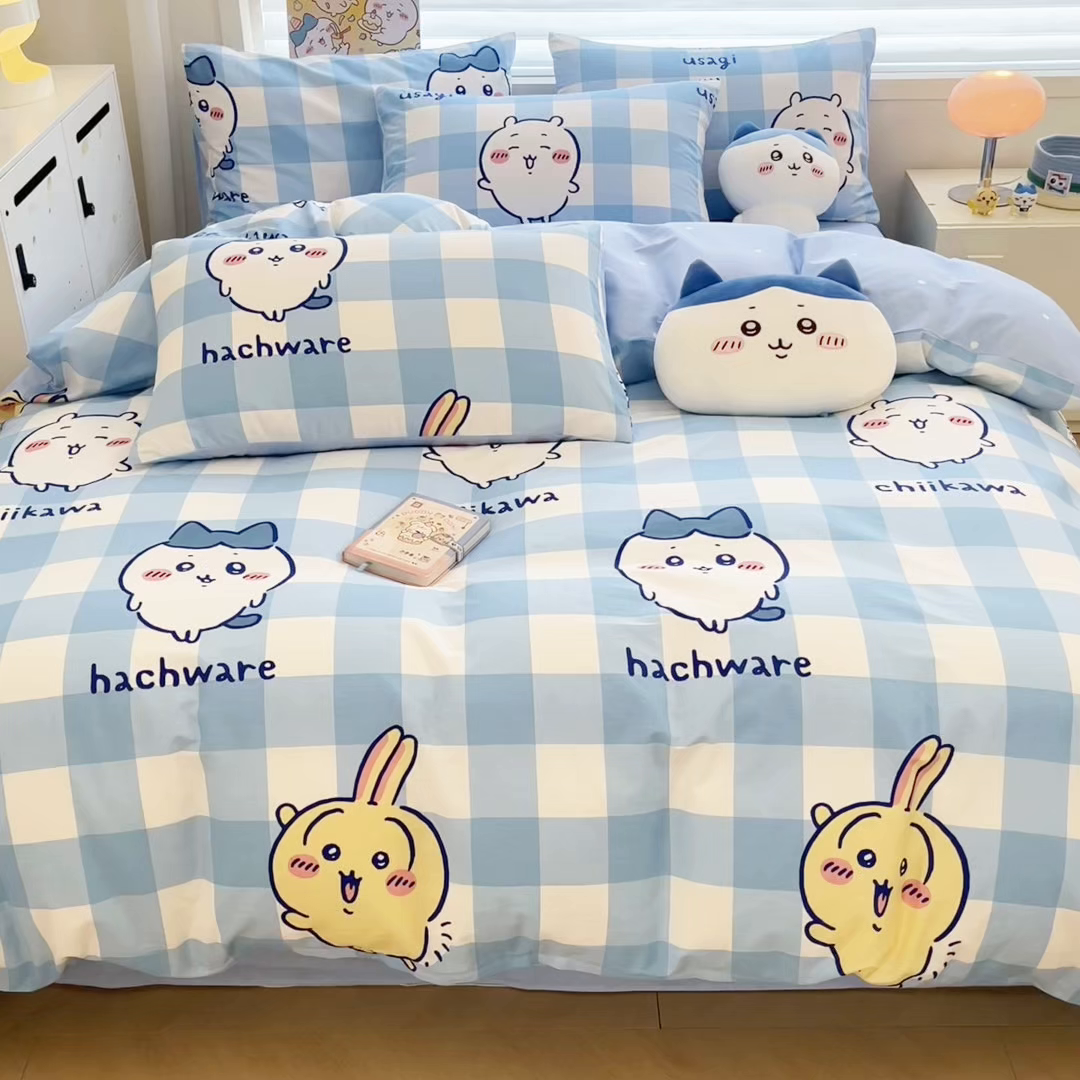 91家纺网 家纺一手货源 找家纺 暮思家居 2026新款正版授权吉伊卡哇全棉纯棉四件套 格子吉伊卡哇