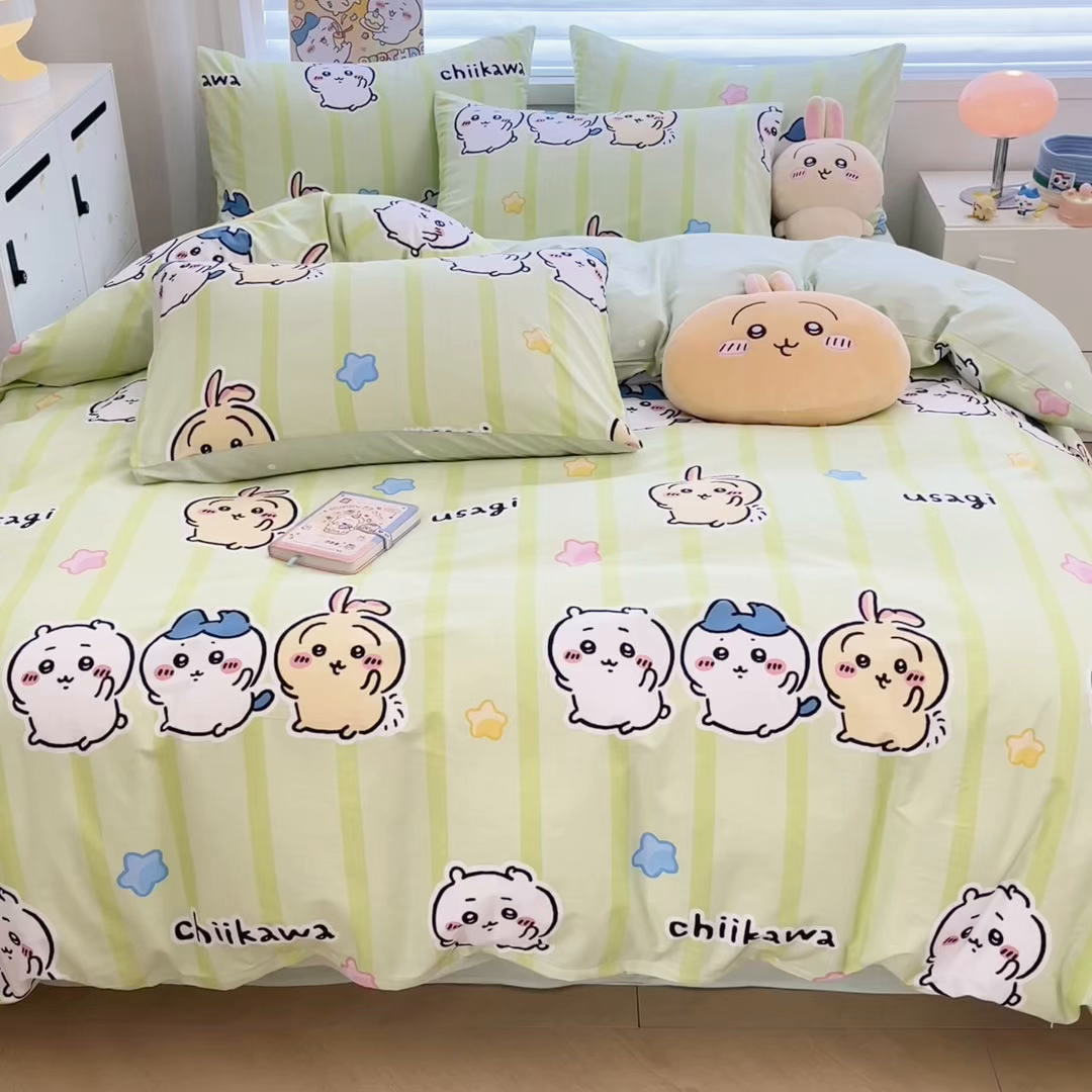 91家纺网 家纺一手货源 找家纺 暮思家居 2026新款正版授权吉伊卡哇全棉纯棉四件套 绿条纹吉伊卡哇