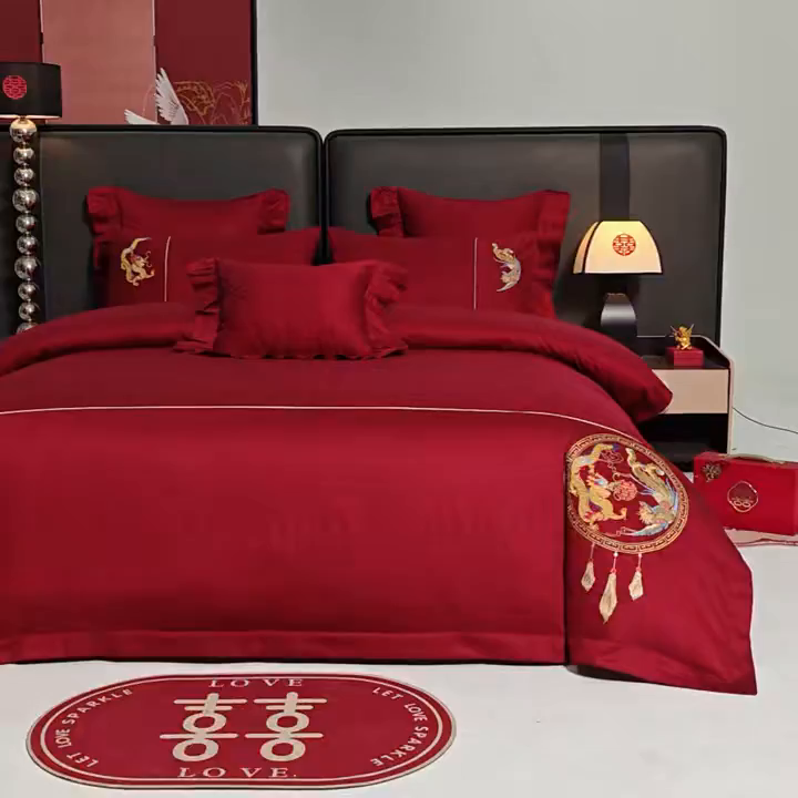 91家纺网 家纺一手货源 找家纺 用心 2026年新款双面长绒棉提花婚庆刺绣四件套 吉祥