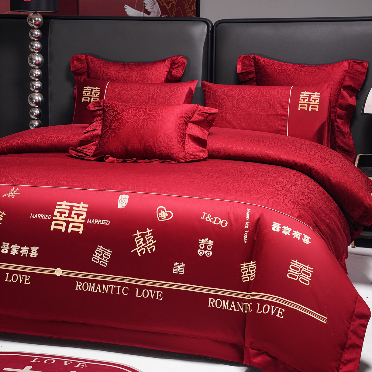 91家纺网 家纺一手货源 找家纺 用心 2026年新款双面长绒棉提花婚庆刺绣四件套 喜上喜