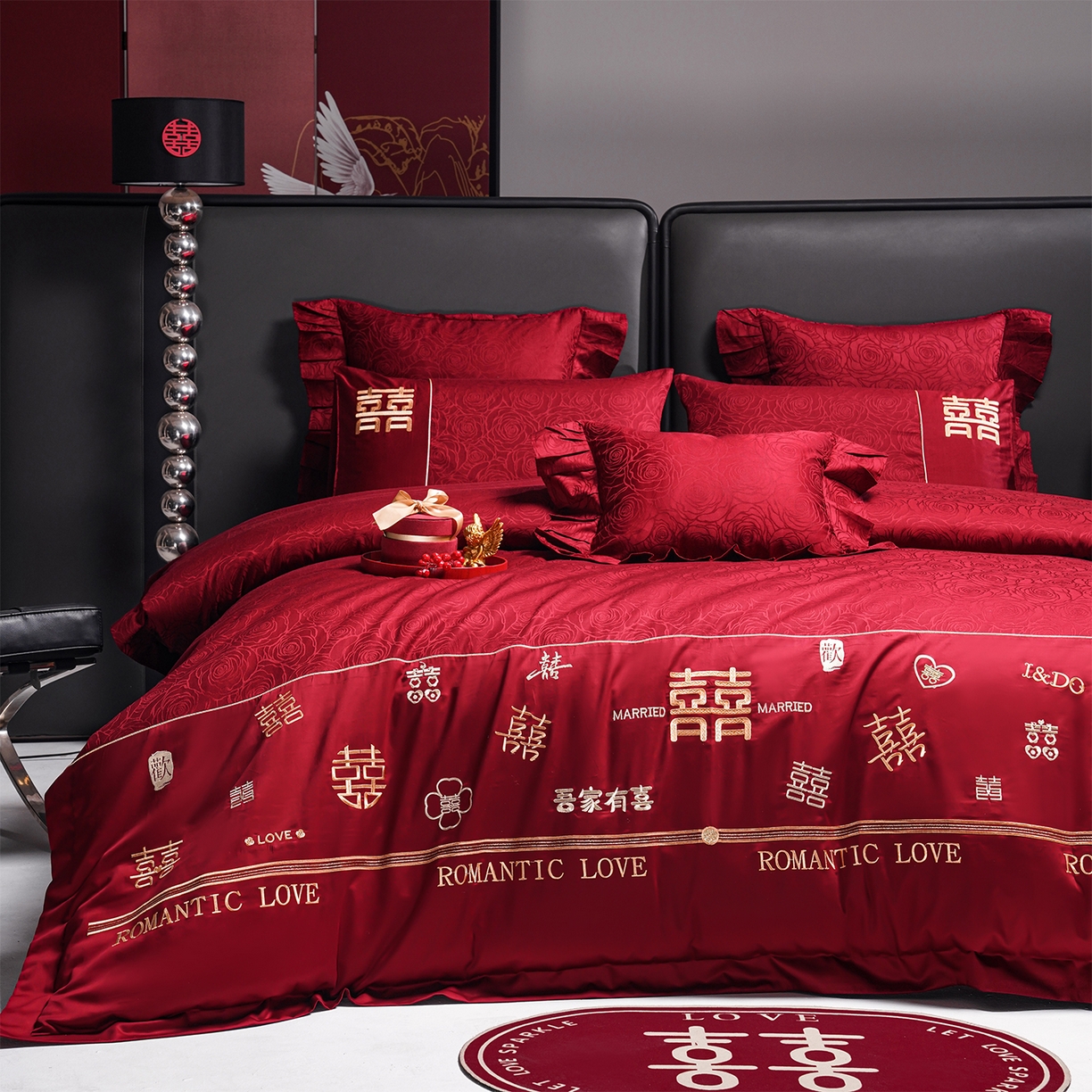 91家纺网 家纺一手货源 找家纺 （总）用心 2026年新款双面长绒棉提花婚庆刺绣四件套