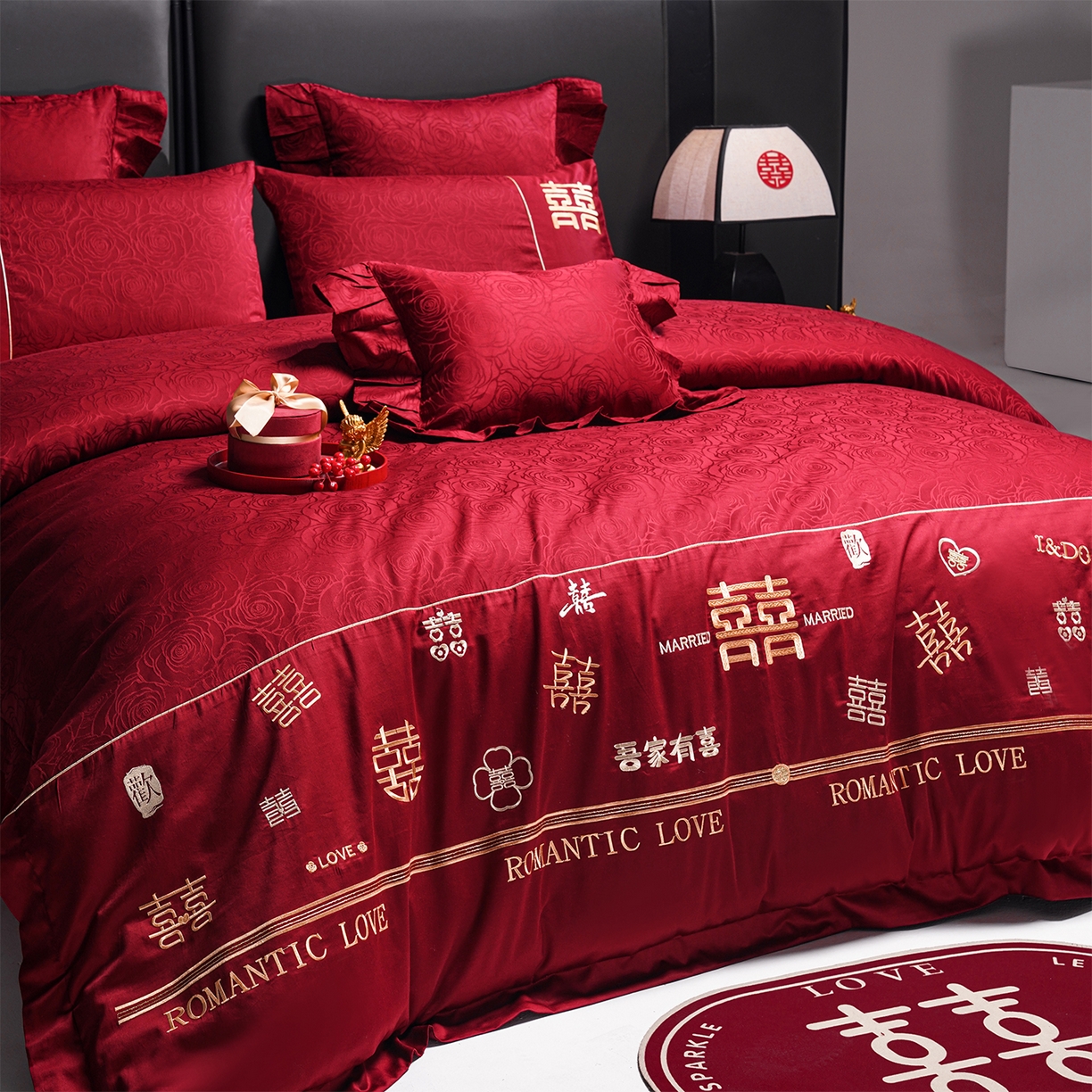 91家纺网 家纺一手货源 找家纺 （总）用心 2026年新款双面长绒棉提花婚庆刺绣四件套