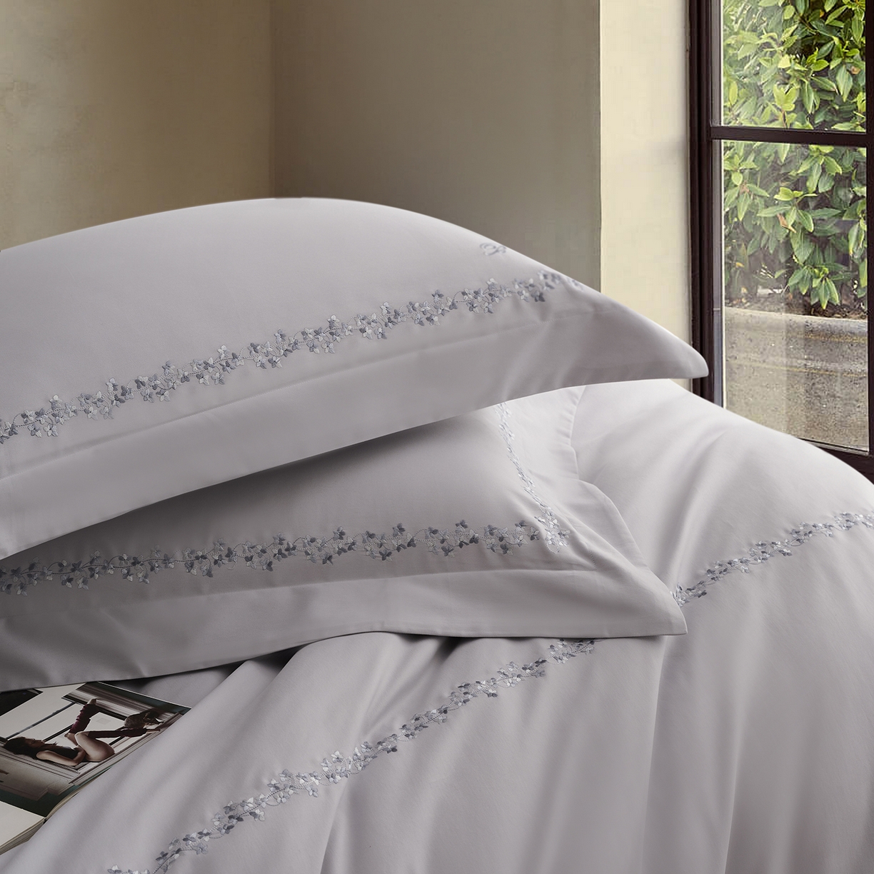 91家纺网 家纺一手货源 找家纺 嘉恋家纺 2025新款东帝兴全棉磨毛绣花四件套-情书系列 情书-蓝灰