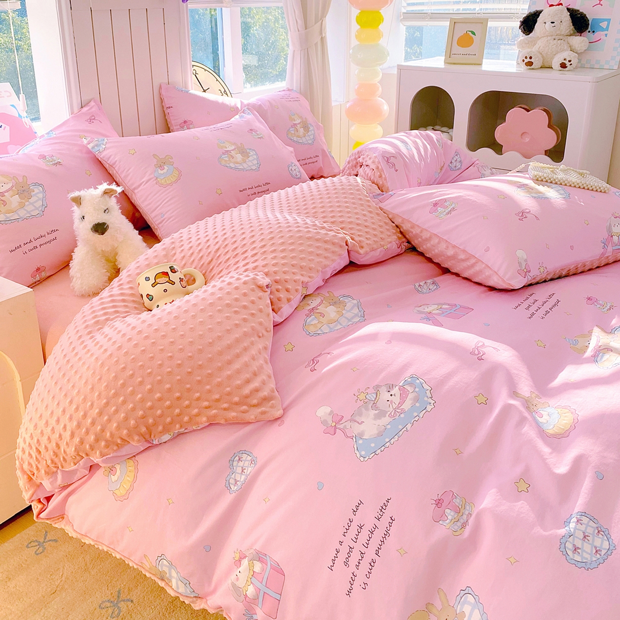 91家纺网 家纺一手货源 找家纺 金鑫汇家纺 2025新款全棉纯棉棉加豆豆绒棉加绒系列四件套 棉加豆豆绒-祈愿萌宠-粉