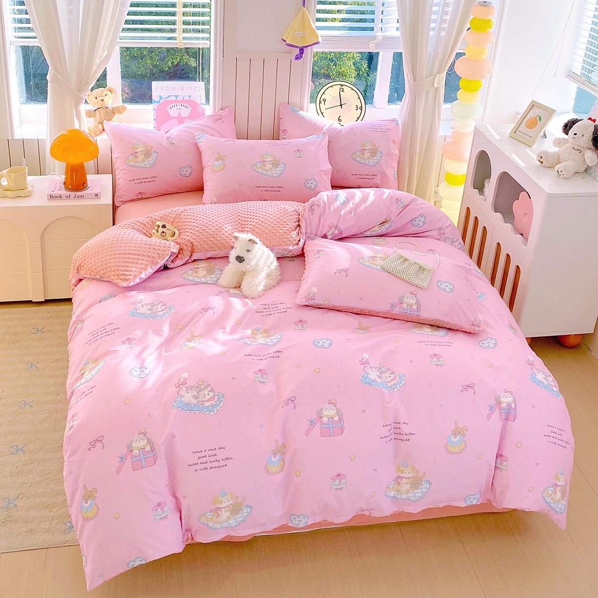 91家纺网 家纺一手货源 找家纺 金鑫汇家纺 2025新款全棉纯棉棉加豆豆绒棉加绒系列四件套 棉加豆豆绒-祈愿萌宠-粉