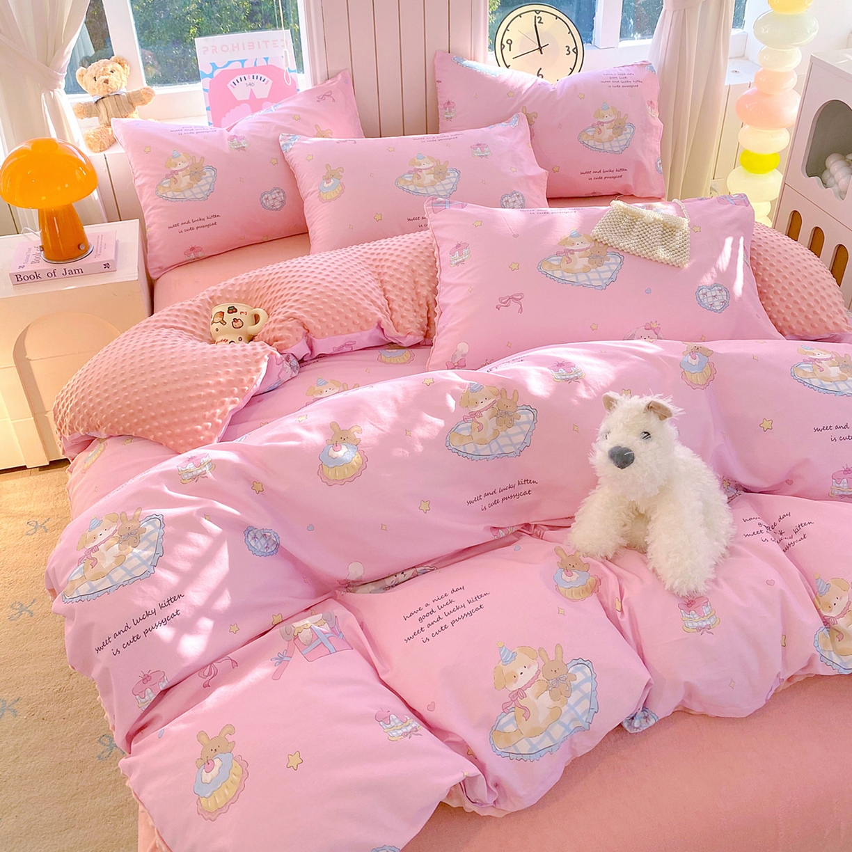 91家纺网 家纺一手货源 找家纺 金鑫汇家纺 2025新款全棉纯棉棉加豆豆绒棉加绒系列四件套 棉加豆豆绒-祈愿萌宠-粉