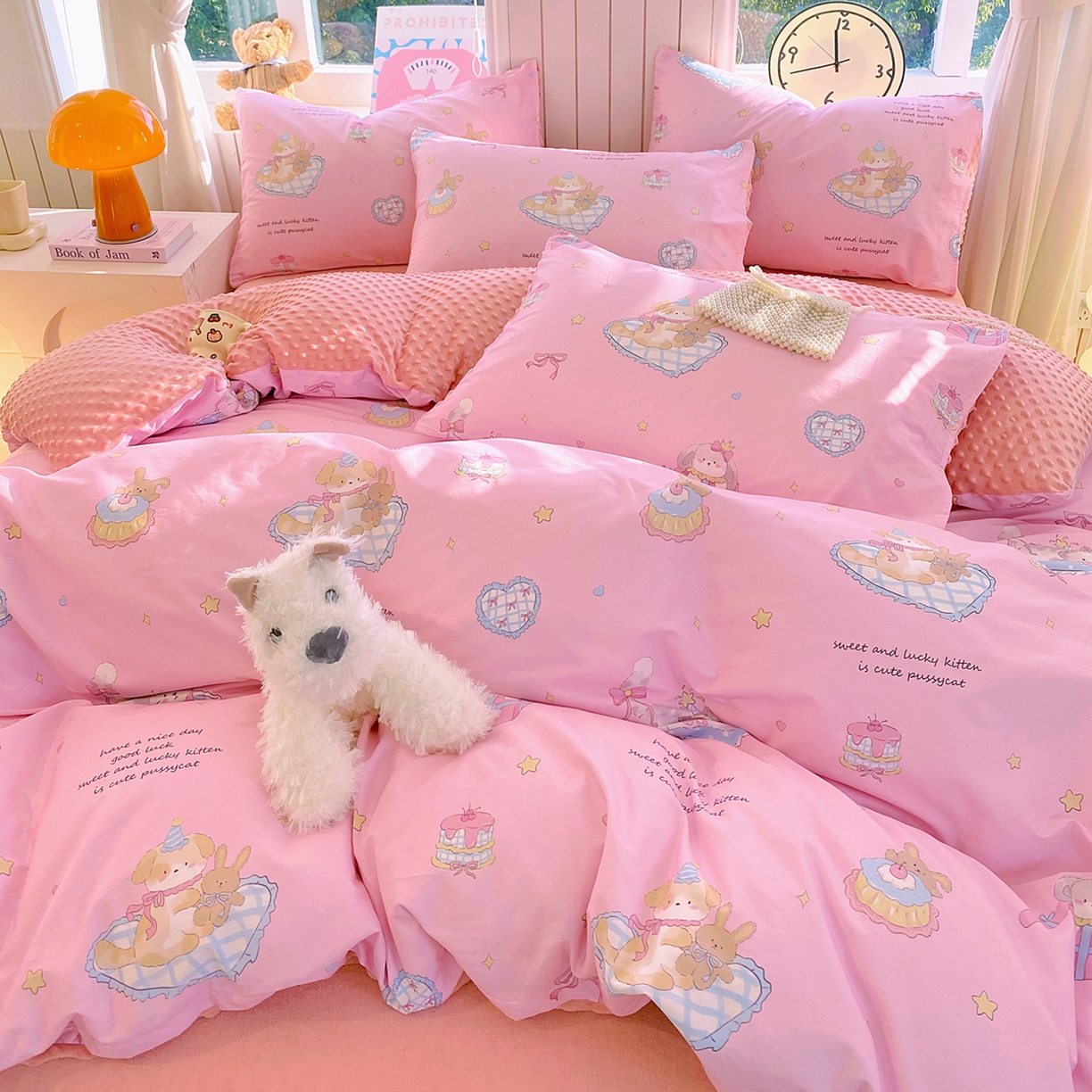 91家纺网 家纺一手货源 找家纺 金鑫汇家纺 2025新款全棉纯棉棉加豆豆绒棉加绒系列四件套 棉加豆豆绒-祈愿萌宠-粉