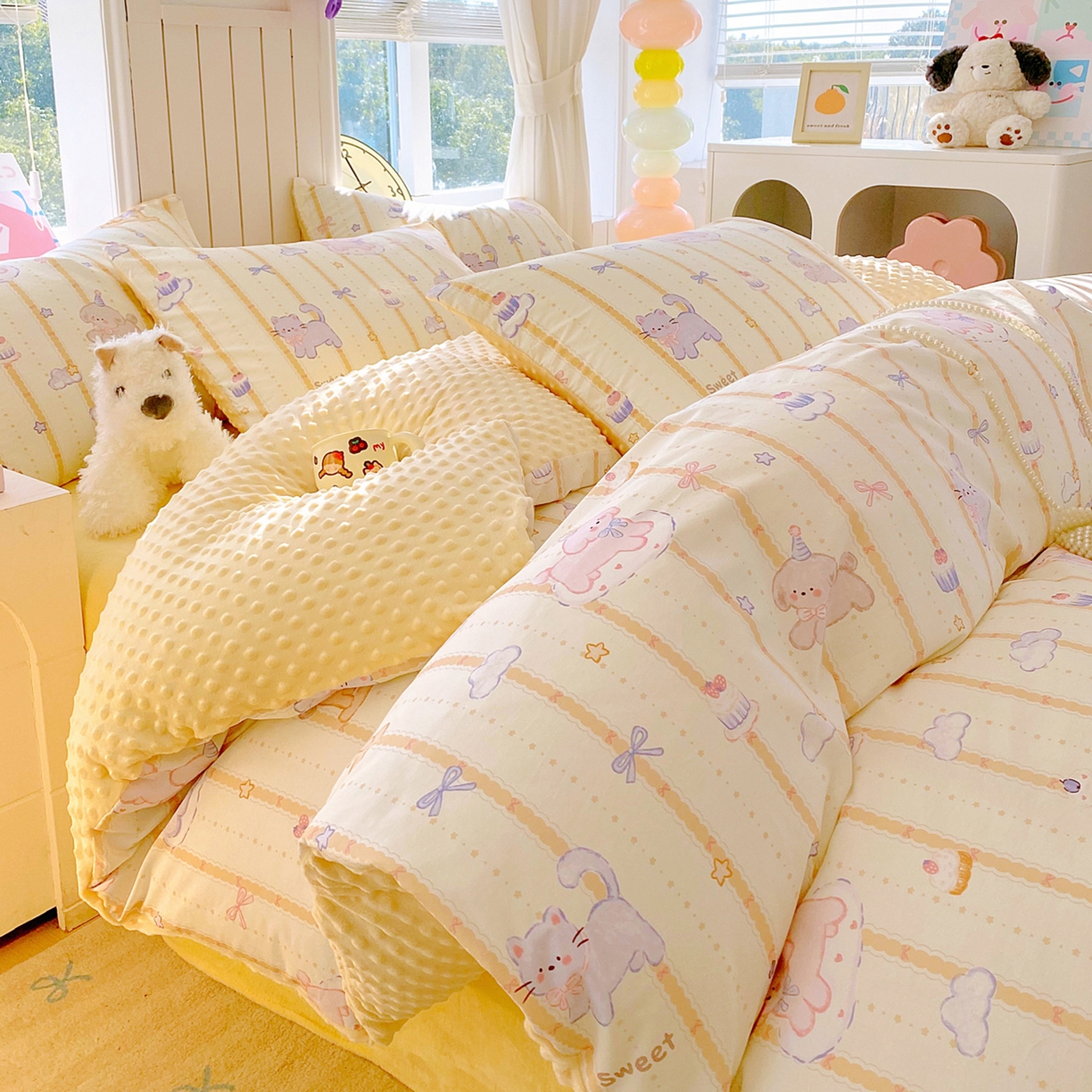 91家纺网 家纺一手货源 找家纺 金鑫汇家纺 2025新款全棉纯棉棉加豆豆绒棉加绒系列四件套 棉加豆豆绒-甜梦园-黄