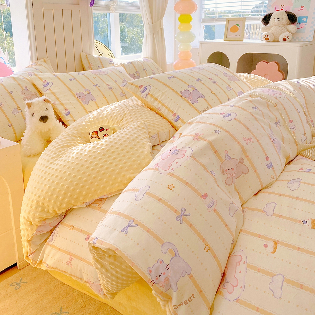 91家纺网 家纺一手货源 找家纺 金鑫汇家纺 2025新款全棉纯棉棉加豆豆绒棉加绒系列四件套 棉加豆豆绒-甜梦园-黄