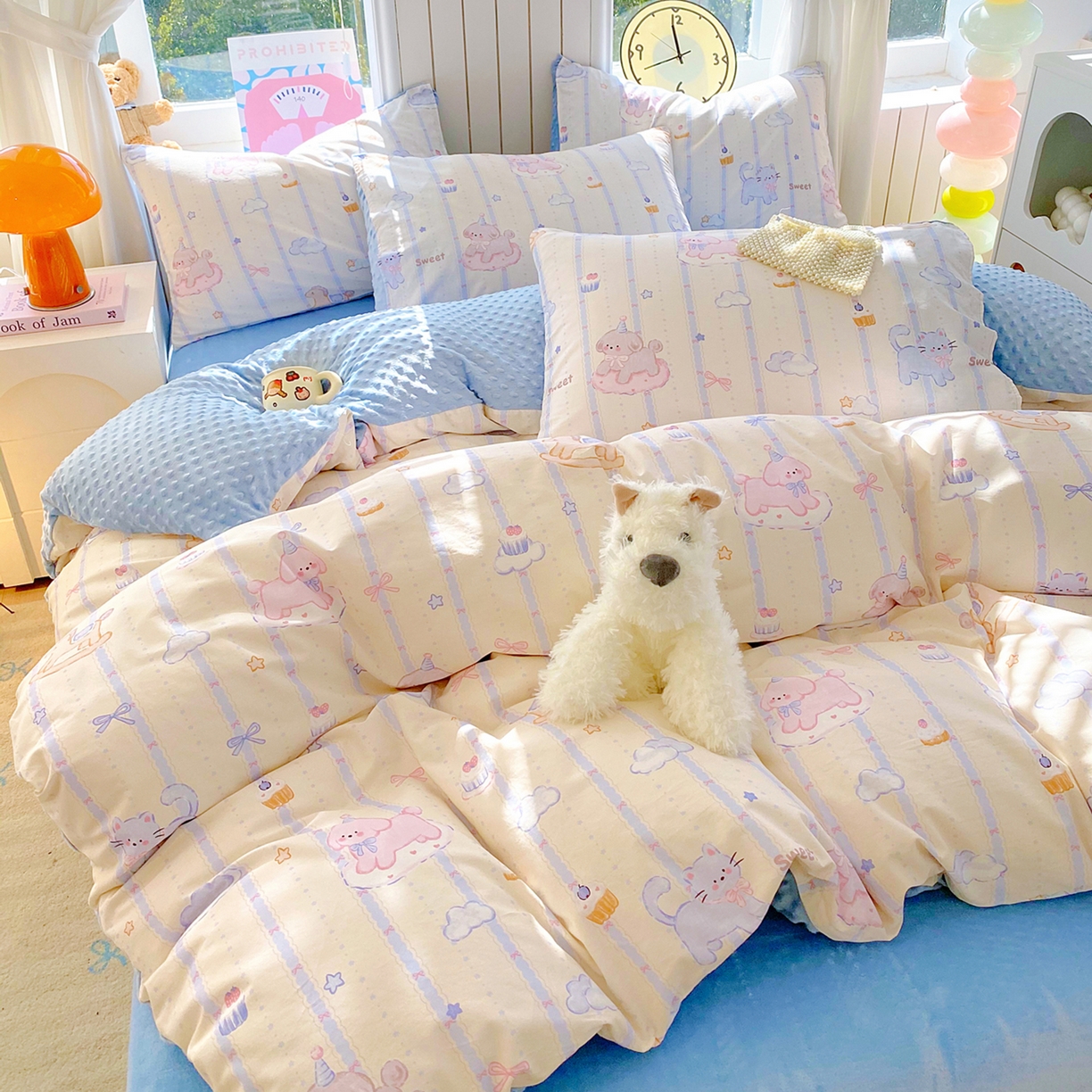 91家纺网 家纺一手货源 找家纺 金鑫汇家纺 2025新款全棉纯棉棉加豆豆绒棉加绒系列四件套 棉加豆豆绒-甜梦园-蓝