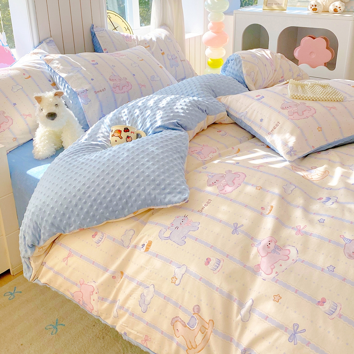 91家纺网 家纺一手货源 找家纺 金鑫汇家纺 2025新款全棉纯棉棉加豆豆绒棉加绒系列四件套 棉加豆豆绒-甜梦园-蓝