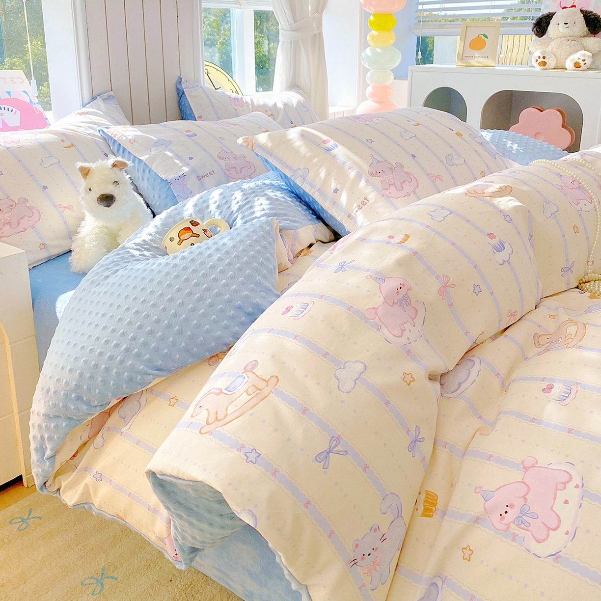 91家纺网 家纺一手货源 找家纺 金鑫汇家纺 2025新款全棉纯棉棉加豆豆绒棉加绒系列四件套 棉加豆豆绒-甜梦园-蓝