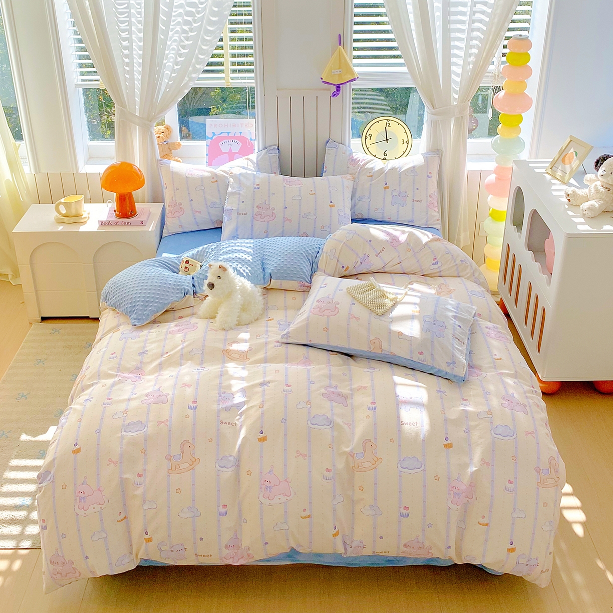 91家纺网 家纺一手货源 找家纺 金鑫汇家纺 2025新款全棉纯棉棉加豆豆绒棉加绒系列四件套 棉加豆豆绒-甜梦园-蓝