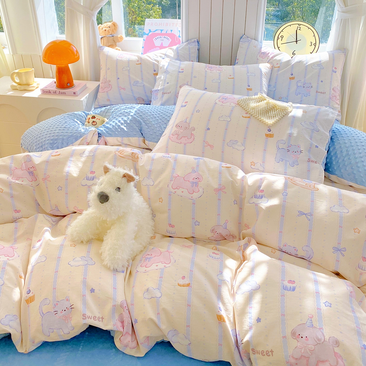 91家纺网 家纺一手货源 找家纺 金鑫汇家纺 2025新款全棉纯棉棉加豆豆绒棉加绒系列四件套 棉加豆豆绒-甜梦园-蓝