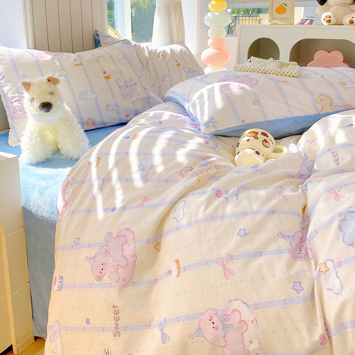 91家纺网 家纺一手货源 找家纺 金鑫汇家纺 2025新款全棉纯棉棉加豆豆绒棉加绒系列四件套 棉加豆豆绒-甜梦园-蓝