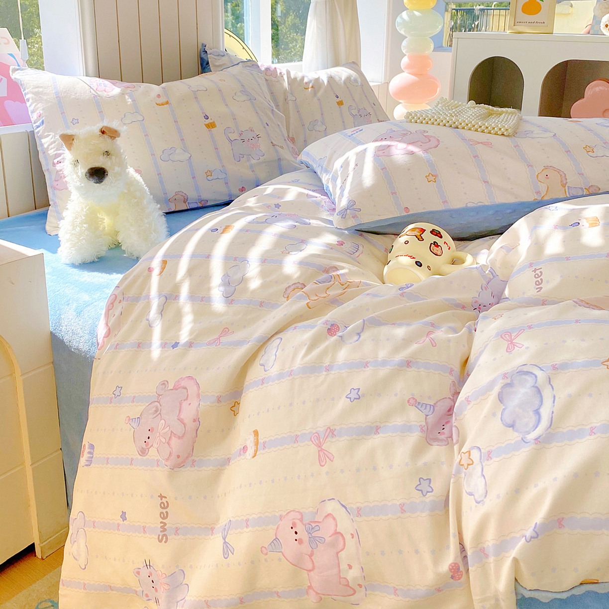 91家纺网 家纺一手货源 找家纺 金鑫汇家纺 2025新款全棉纯棉棉加豆豆绒棉加绒系列四件套 棉加豆豆绒-甜梦园-蓝