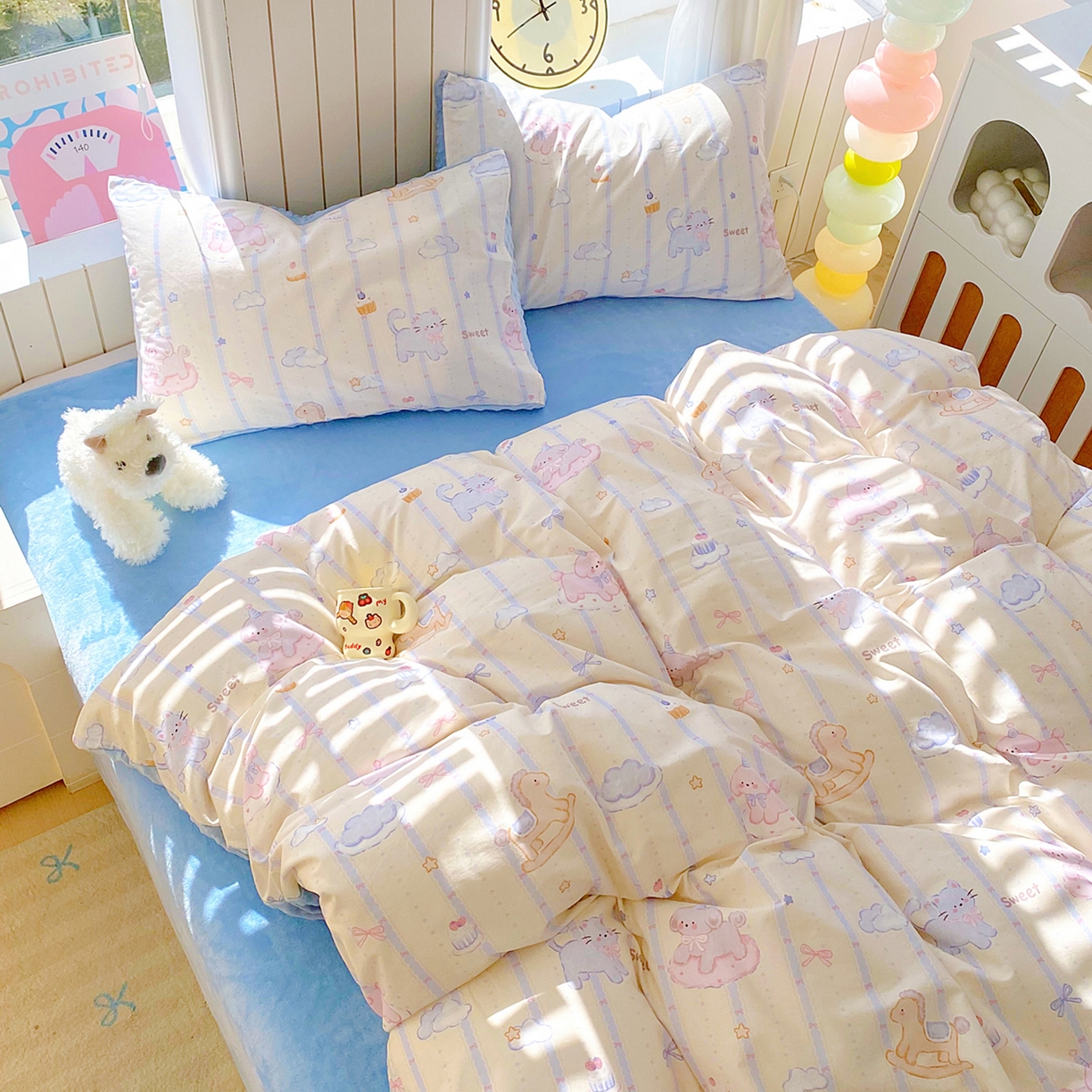 91家纺网 家纺一手货源 找家纺 金鑫汇家纺 2025新款全棉纯棉棉加豆豆绒棉加绒系列四件套 棉加豆豆绒-甜梦园-蓝