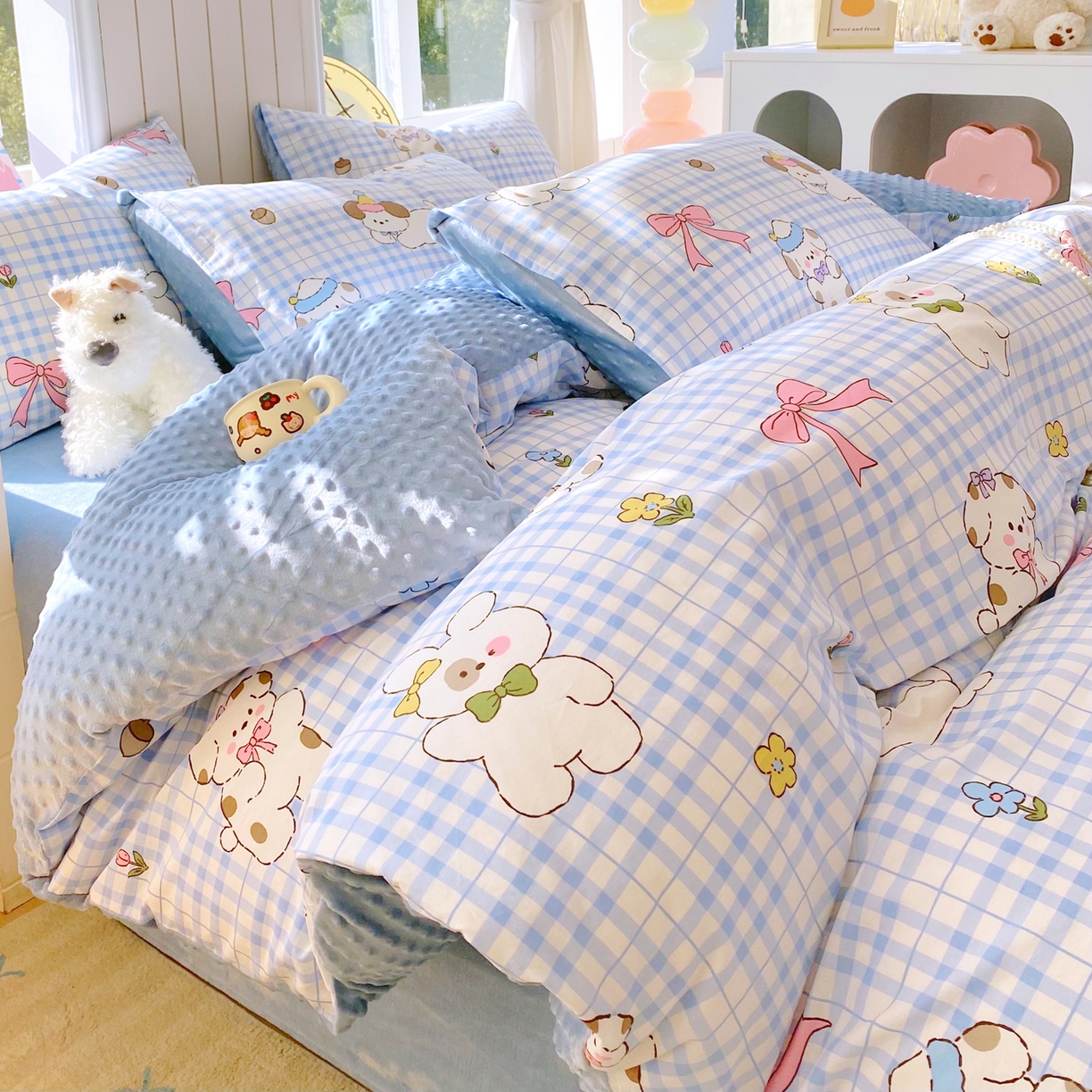 91家纺网 家纺一手货源 找家纺 金鑫汇家纺 2025新款全棉纯棉棉加豆豆绒棉加绒系列四件套 棉加豆豆绒-奶油小狗