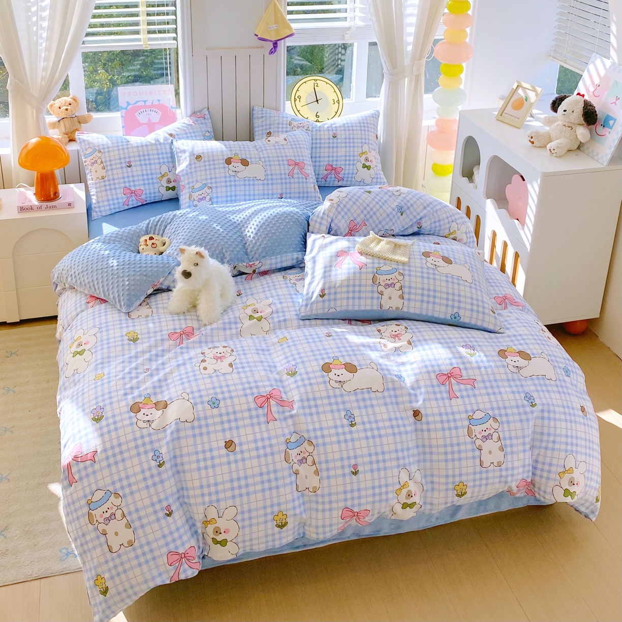 91家纺网 家纺一手货源 找家纺 金鑫汇家纺 2025新款全棉纯棉棉加豆豆绒棉加绒系列四件套 棉加豆豆绒-奶油小狗