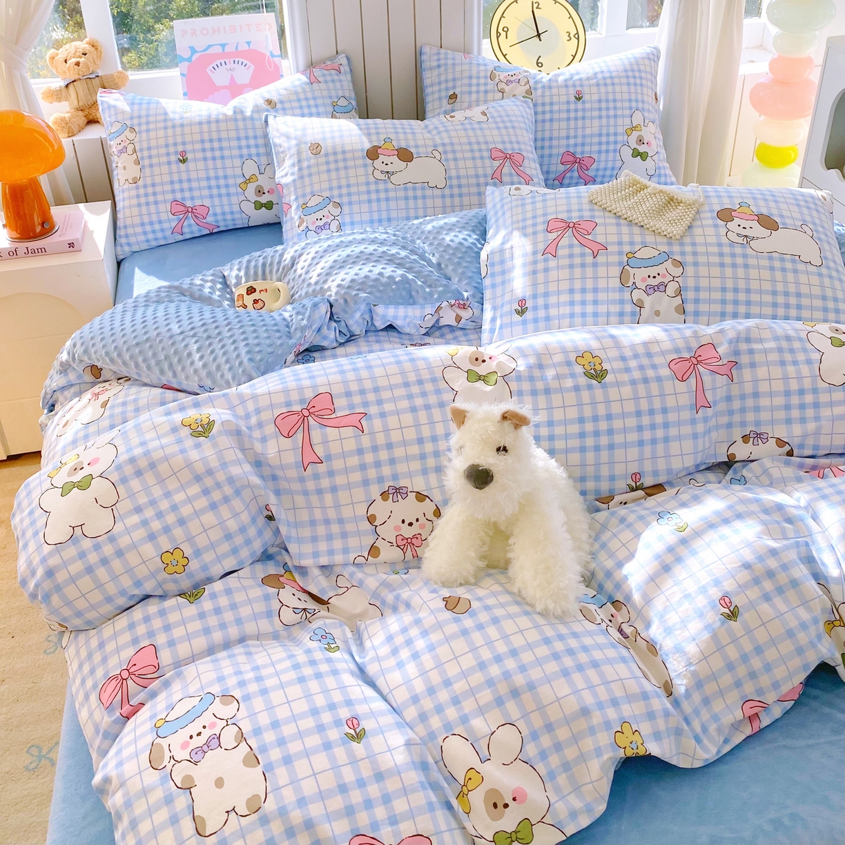 91家纺网 家纺一手货源 找家纺 金鑫汇家纺 2025新款全棉纯棉棉加豆豆绒棉加绒系列四件套 棉加豆豆绒-奶油小狗